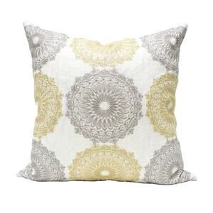 Embroidered Pillow Cover 20x20" Square Pearl Gold Gray Flower Medallion Linen
